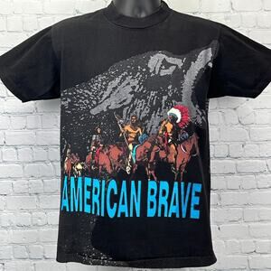 Vintage 90s American Brave T Shirt Native Indian Wolf Black Graphic Tee M Medium